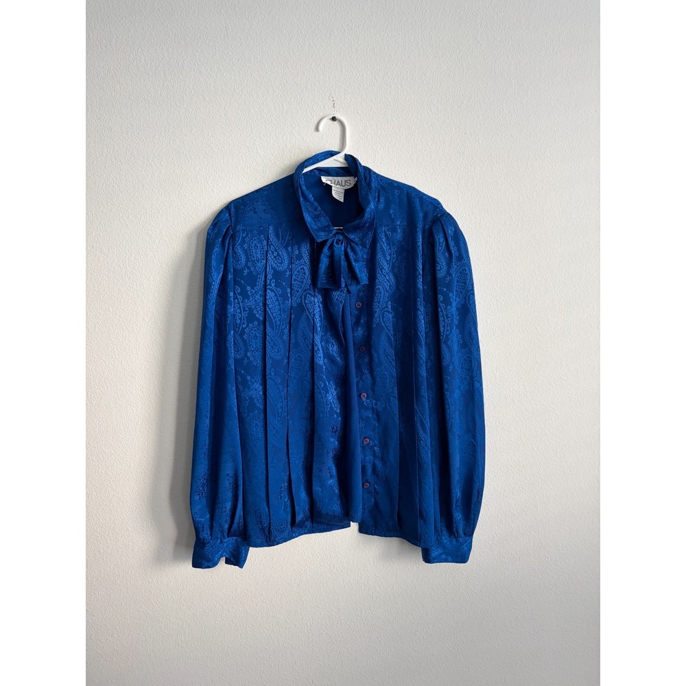 Vintage Chaus Blouse Top Womens 16 Royal Blue Paisley Satin Pussybow Tie Neck